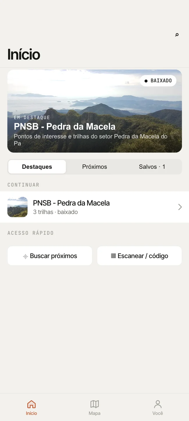 Vereda: tela inicial com unidade em destaque e acesso rápido às trilhas.